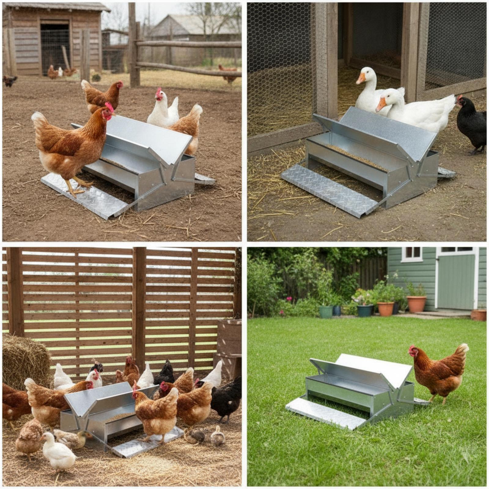 自動養鶏用給餌器、亜鉛メッキ鋼製踏み板蓋付き鶏用給餌容器、裏 - Feeding のレビューと価格