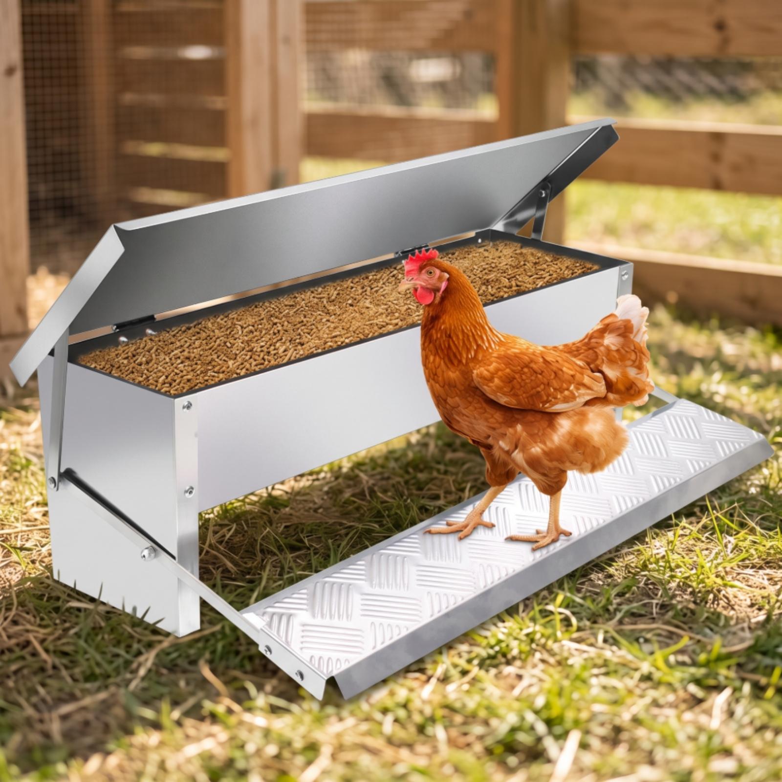 自動養鶏用給餌器、亜鉛メッキ鋼製踏み板蓋付き鶏用給餌容器、裏 - Feeding のレビューと価格
