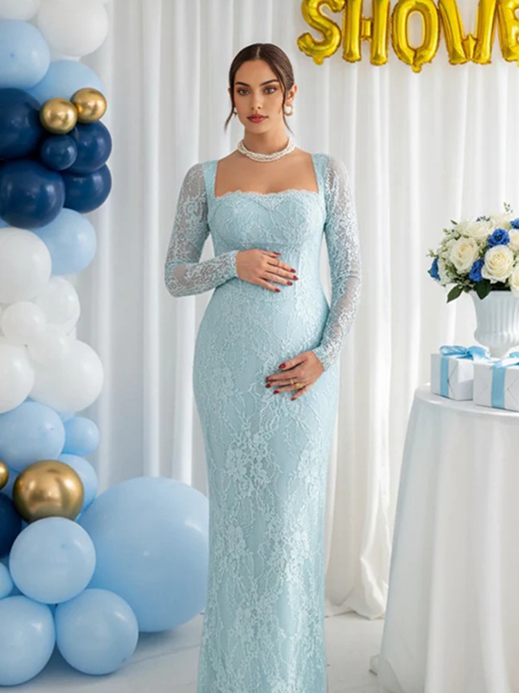 レースマタニティフォトシュートドレス長袖シースルーマキシガウ - Maternity Wear のレビューと価格