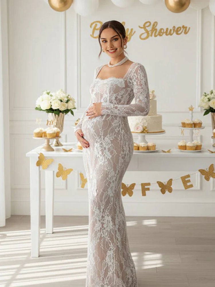 レースマタニティフォトシュートドレス長袖シースルーマキシガウ - Maternity Wear のレビューと価格