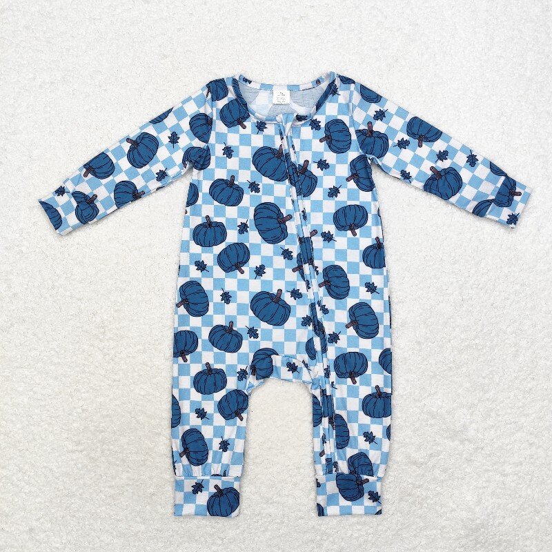 8.21 バンブーフライ ブルーパンプキンリーフ チェック柄 - Cotton Baby Onesies Zipper のレビューと価格