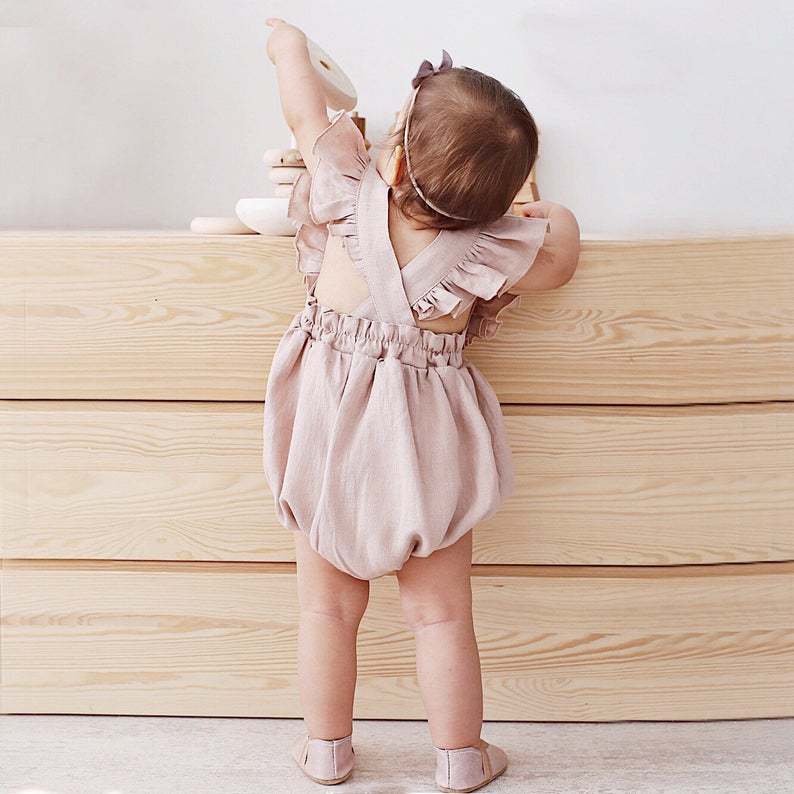 女の赤ちゃんロンパース夏無地コットンリネンフリルフライノース - Baby Summer Linen Sleeveless Jumpsuit のレビューと価格