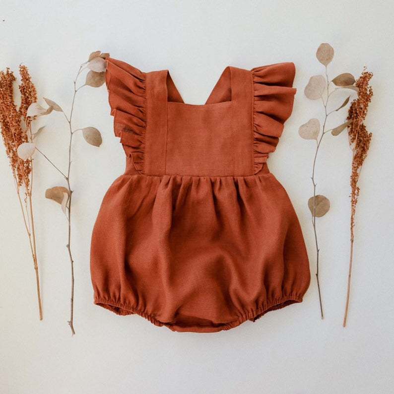 女の赤ちゃんロンパース夏無地コットンリネンフリルフライノース - Baby Summer Linen Sleeveless Jumpsuit のレビューと価格