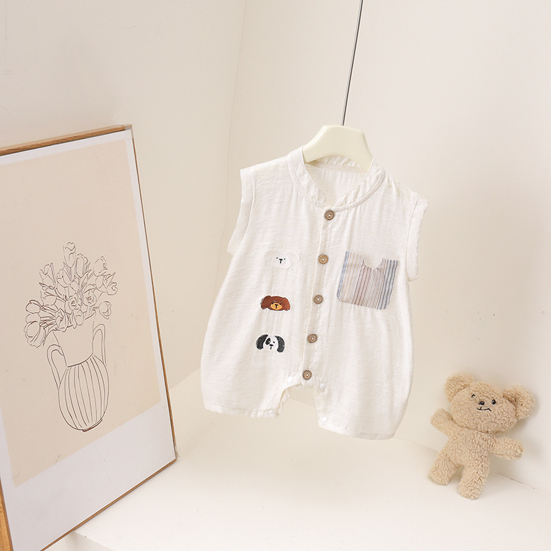 赤ちゃん男の子夏ロンパース漫画動物刺繍ノースリーブジャンプス - Baby Summer Linen Sleeveless Jumpsuit のレビューと価格