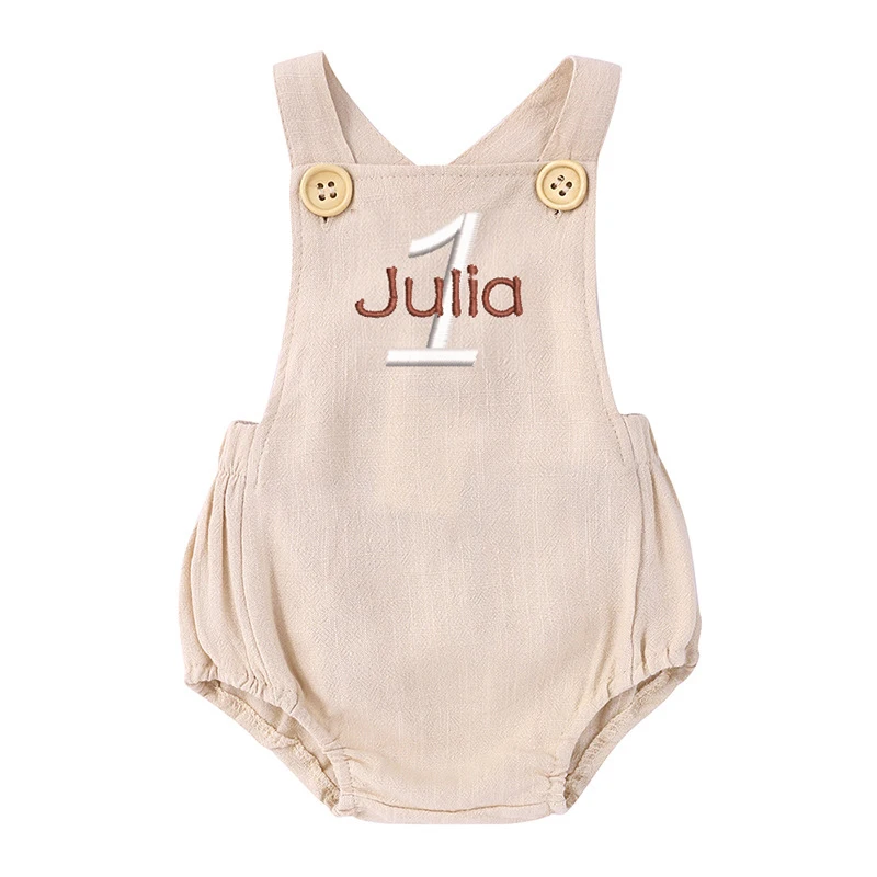 パーソナライズされた名前の刺繍入りロンパース,ノースリーブの - Baby Summer Linen Sleeveless Jumpsuit のレビューと価格